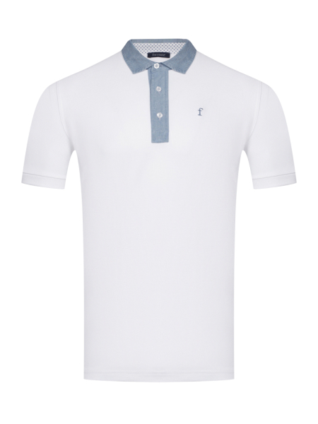 Поло на пуговицах,  джинсовый ворот, короткий рукав, однотонное (001, Белый, 52 - L     рукав 22 см)