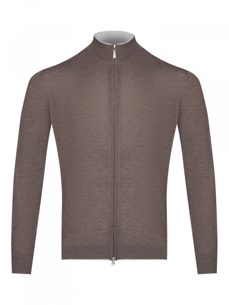 Кардиган, на молнии, ворот - стойка, заплатки (162, Корич./Серый, 56)