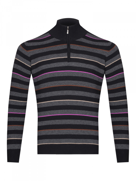 Джемпер, стойка, молния, в полоску (087, Черный, 48 - S)