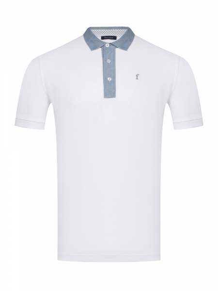 Поло на пуговицах,  джинсовый ворот, короткий рукав, однотонное (001, Белый, 52 - L     рукав 22 см)